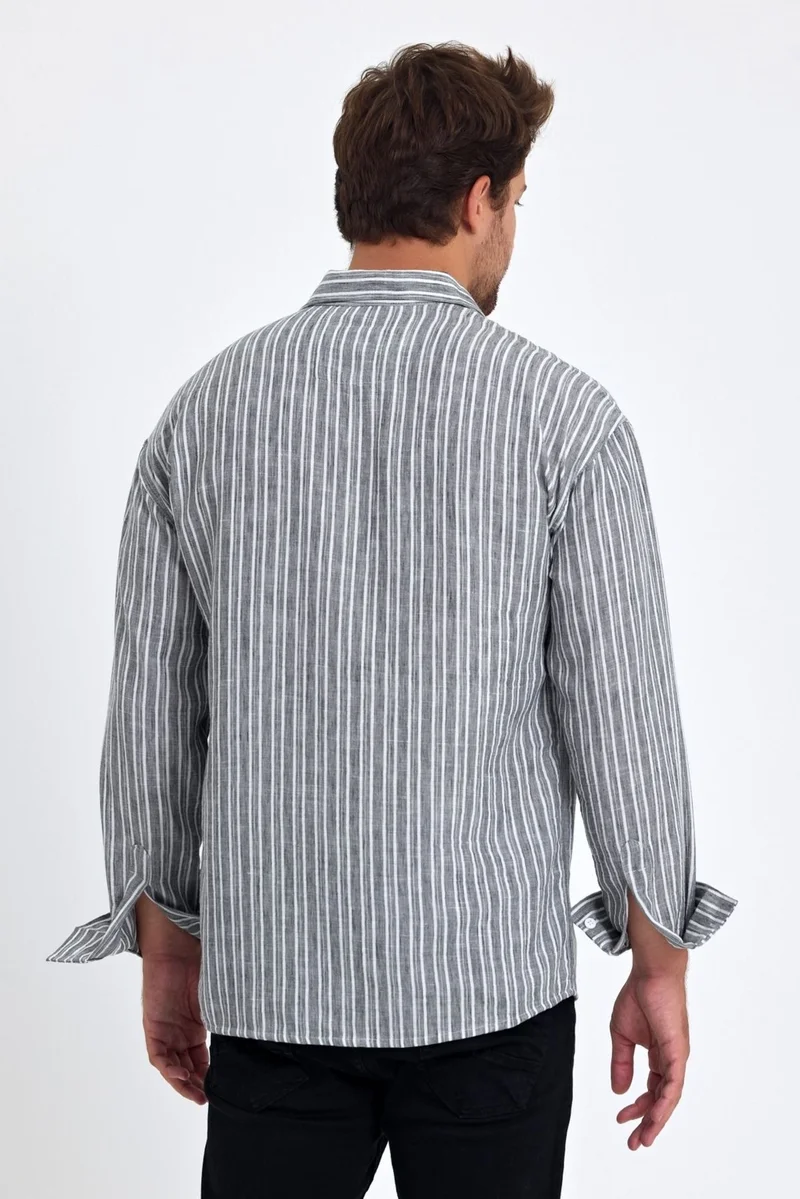 Cool Tarz Cool Style Men's Classic Fit Regular Cut Long Sleeve Cotton Linen Texture Folded Sleeve Striped Shirt