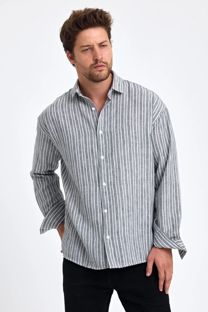Cool Tarz Cool Style Men's Classic Fit Regular Cut Long Sleeve Cotton Linen Texture Folded Sleeve Striped Shirt