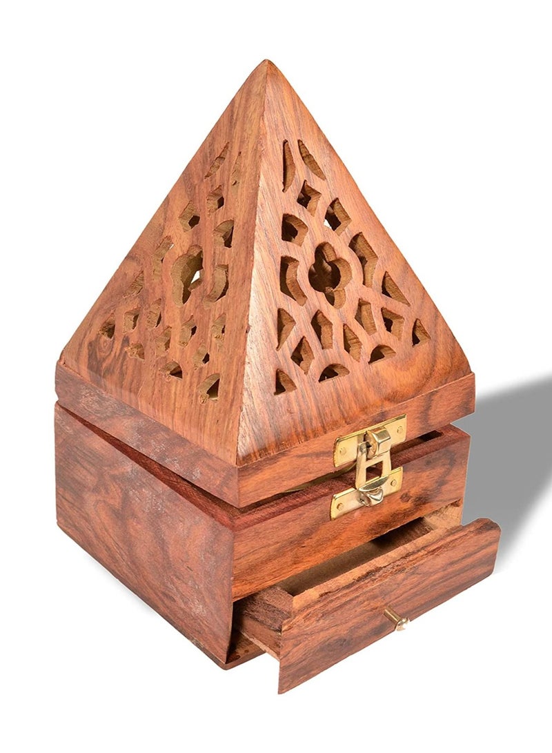 Wooden Classic Pyramid Style Burner, Dhoop Holder, With Base Square and top Cone Shap Doop Holder,Wooden Incense Burner Box,Valentine Day Gifts - Image 1