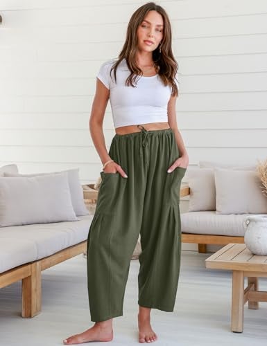 TARSE Womens Linen Wide Leg Pants Casual Loose Drawstring Low Waist Summer Beach Palazzo Harem Pants with Pockets(Green,M) - Image 2
