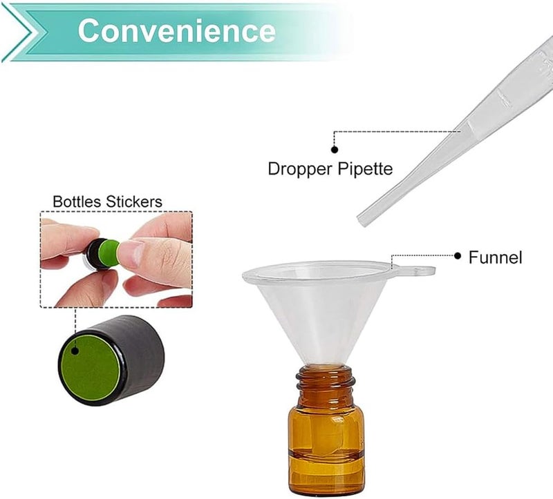 BENECREAT 30 Pack 2 ml Amber Glass Roll Bottle with Black Cap Mini Brown Essential Oil Roll on Bottle with 4 Funnels, 1 Opener, 10 Pieces 3 ml Dropper and 1 Sheet of Sticker for Perfume - Image 4
