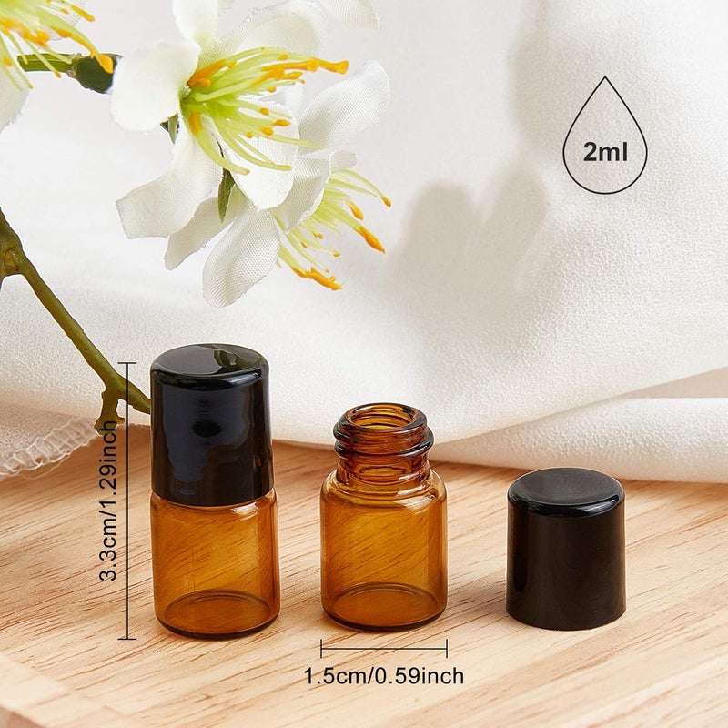 BENECREAT 30 Pack 2 ml Amber Glass Roll Bottle with Black Cap Mini Brown Essential Oil Roll on Bottle with 4 Funnels, 1 Opener, 10 Pieces 3 ml Dropper and 1 Sheet of Sticker for Perfume - Image 2