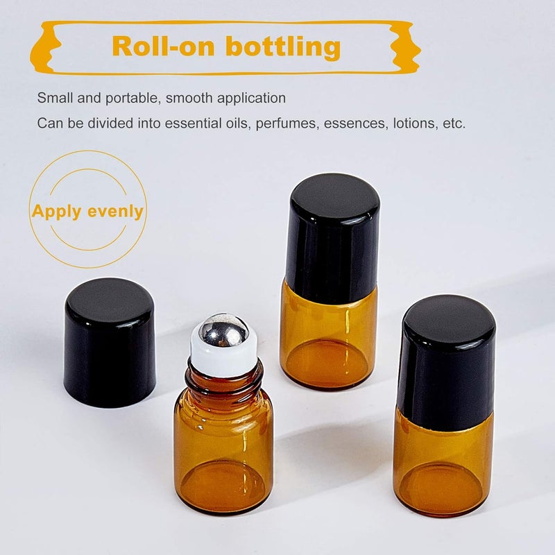 BENECREAT 30 Pack 2 ml Amber Glass Roll Bottle with Black Cap Mini Brown Essential Oil Roll on Bottle with 4 Funnels, 1 Opener, 10 Pieces 3 ml Dropper and 1 Sheet of Sticker for Perfume - Image 5