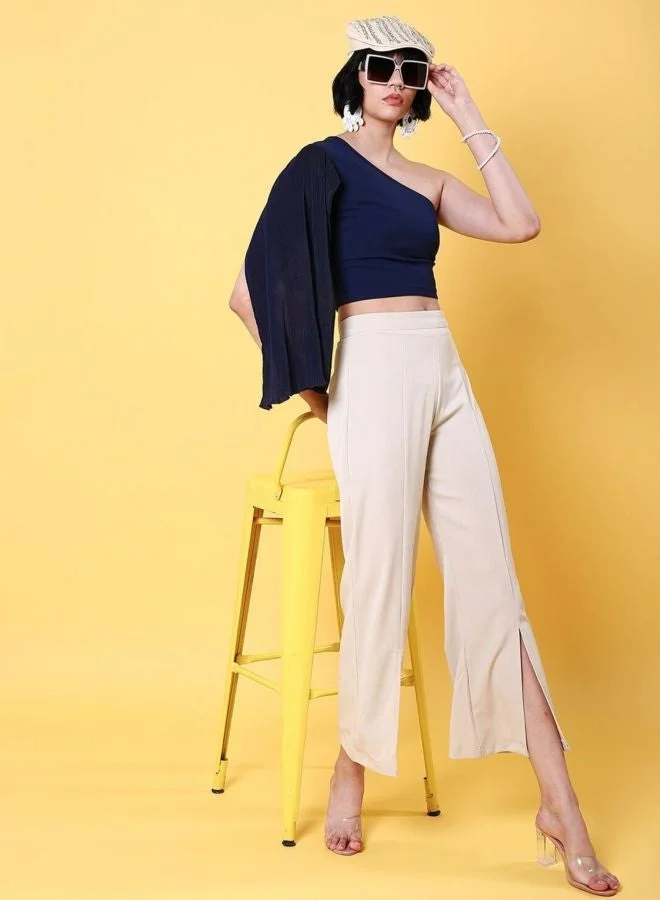 Women Regular Fit Solid Asymmetric Neck Sleeveless One Shoulder Top