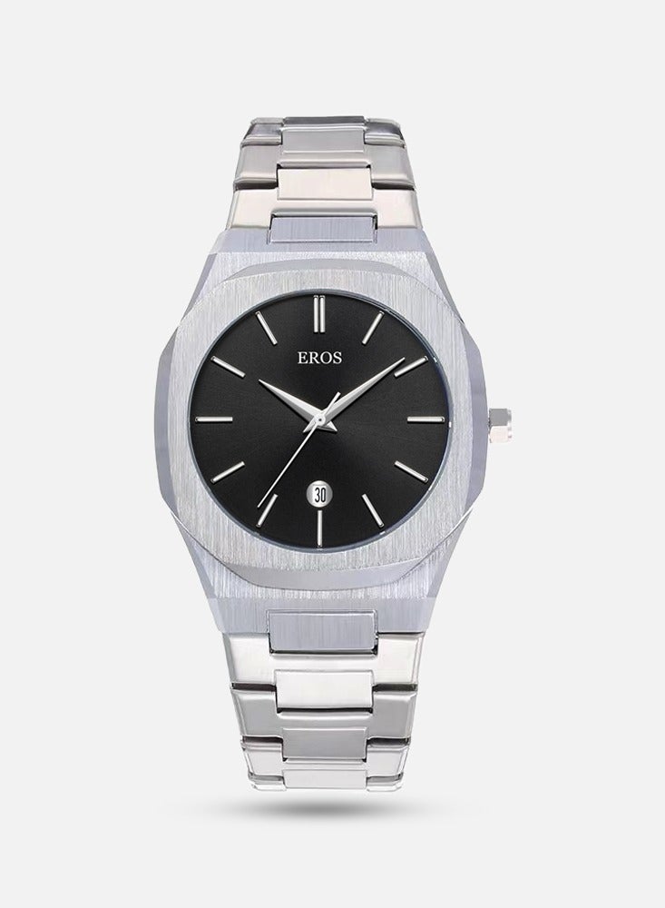 Men's steel watch with black dial
