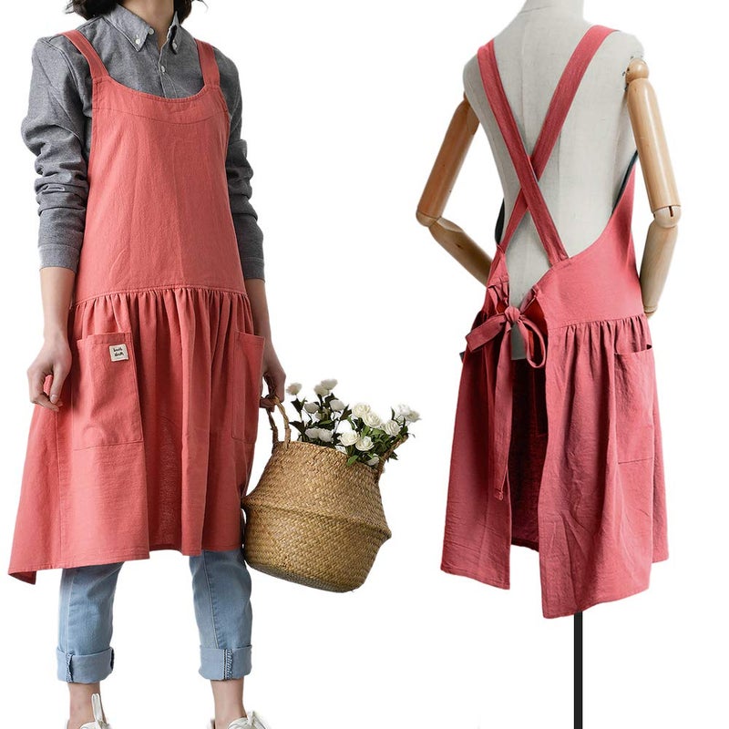 NEWGEM Cotton Linen Cross Back Apron for Women with Pockets for Painting Cleaning Grapefruit Red with Waist Ties