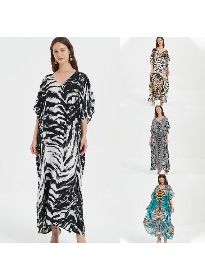 إسكدنيا فستان طويل من رايون بيتش الأوروبي والأمريكي فضفاض كبير الحجم بي ملابس السباحة بلوزة خارجية للإجازات على شاطئ البحر قميص واقي من الشمس للنساء - اللون: أسود رمادي حمار وحشي (ZS1907-8) - - Image 2