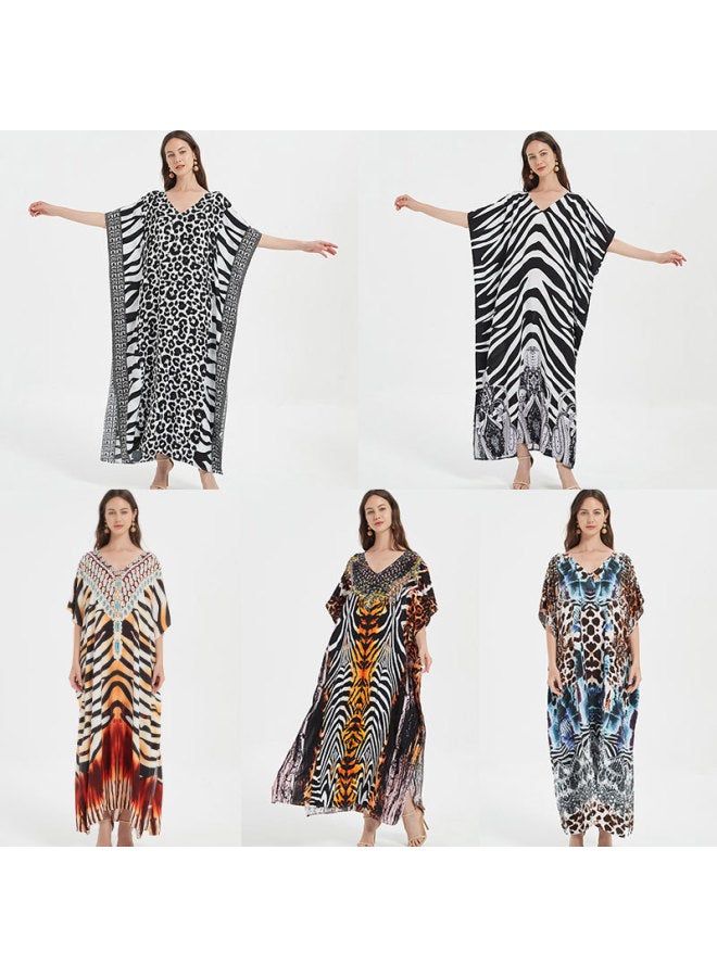 إسكدنيا فستان طويل من رايون بيتش الأوروبي والأمريكي فضفاض كبير الحجم بي ملابس السباحة بلوزة خارجية للإجازات على شاطئ البحر قميص واقي من الشمس للنساء - اللون: أسود رمادي حمار وحشي (ZS1907-8) - - Image 3