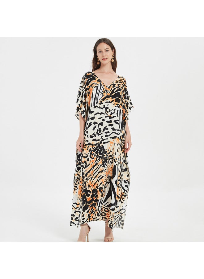 إسكدنيا فستان طويل من رايون بيتش الأوروبي والأمريكي فضفاض كبير الحجم بي ملابس السباحة بلوزة خارجية للإجازات على شاطئ البحر قميص واقي من الشمس للنساء - اللون: أسود رمادي حمار وحشي (ZS1907-8) - - Image 4