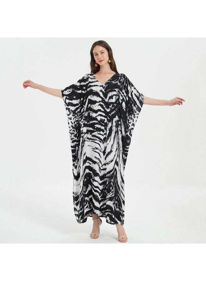 إسكدنيا فستان طويل من رايون بيتش الأوروبي والأمريكي فضفاض كبير الحجم بي ملابس السباحة بلوزة خارجية للإجازات على شاطئ البحر قميص واقي من الشمس للنساء - اللون: أسود رمادي حمار وحشي (ZS1907-8) - - Image 1