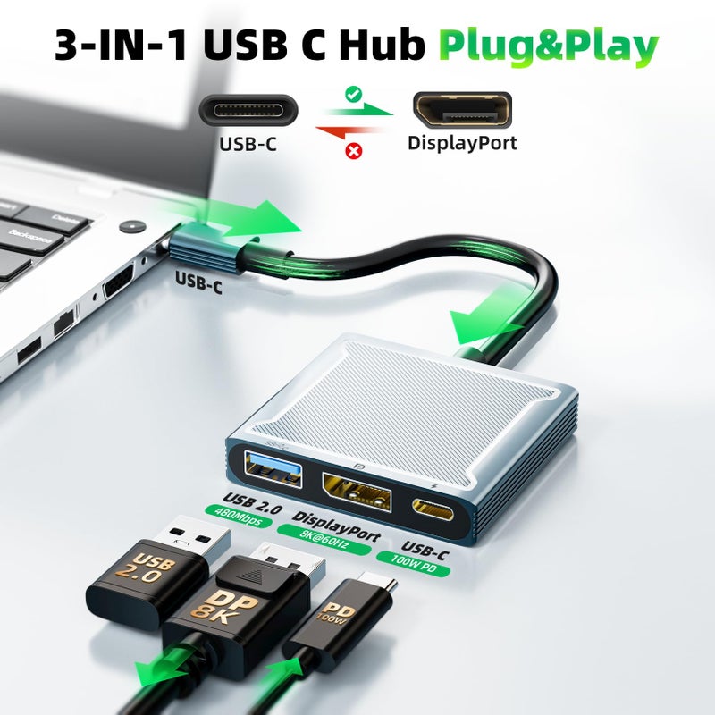 BolAAzuL USB C to DisplayPort Multiport Adapter Dock, BolAAzuL 3-in-1 Type C Hub with 1xDP 1.4 + 1xUSB 2.0 + 1xPD Charging Port(Type C), 8K 60Hz/ 100W PD/DP ALT Mode Supported for Macboo pro, iPad pro, Monitor - Image 3