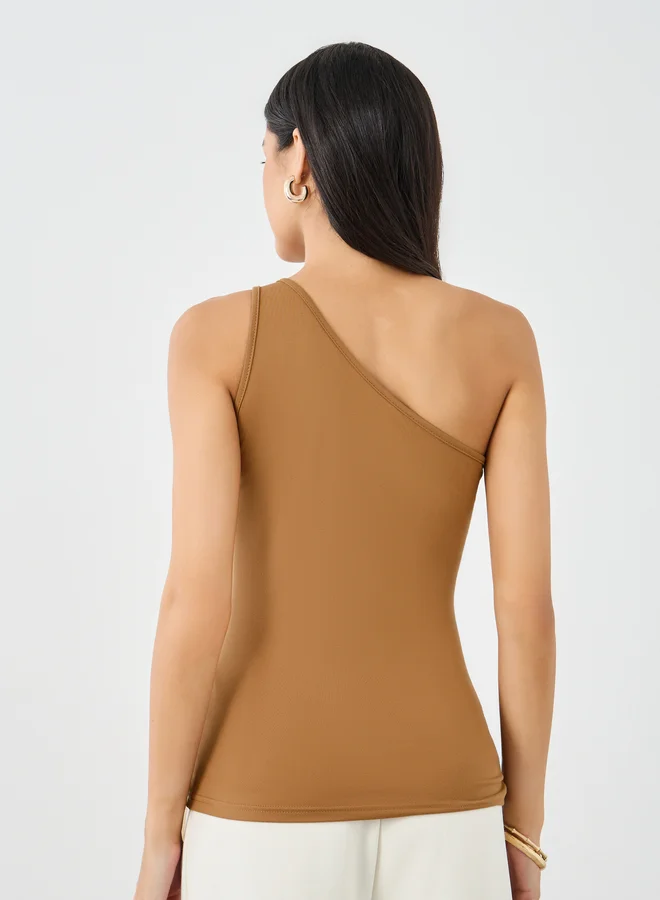 Styli Styli Brown Fitted One Shoulder Neck Knit Top
