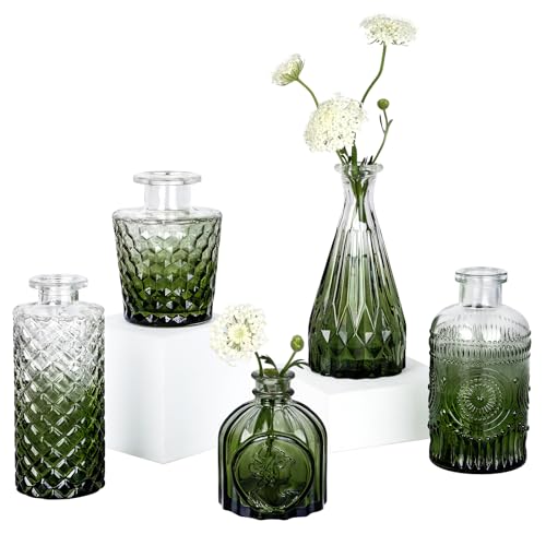TBWIND Glass Bud Vase Set of 5, Small Green Flower Vases for Centerpieces in Bulk, Mini Vintage Vase for Wedding Decor, Single Flowers, and Home Table Décor - Image 1