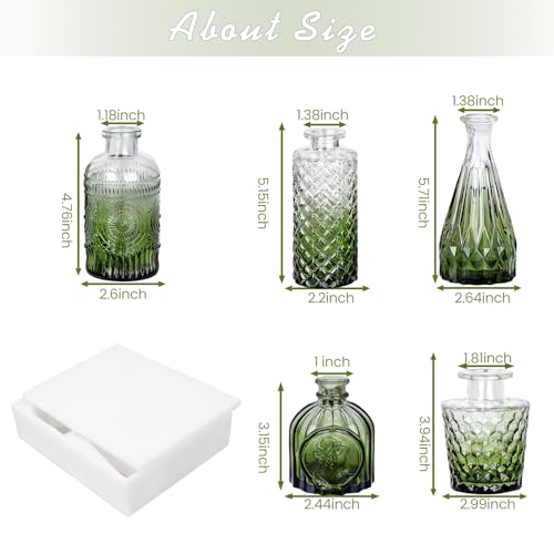 TBWIND Glass Bud Vase Set of 5, Small Green Flower Vases for Centerpieces in Bulk, Mini Vintage Vase for Wedding Decor, Single Flowers, and Home Table Décor - Image 3