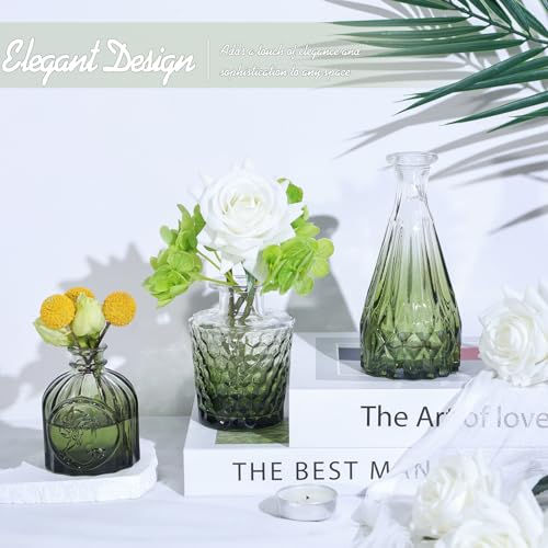 TBWIND Glass Bud Vase Set of 5, Small Green Flower Vases for Centerpieces in Bulk, Mini Vintage Vase for Wedding Decor, Single Flowers, and Home Table Décor - Image 4