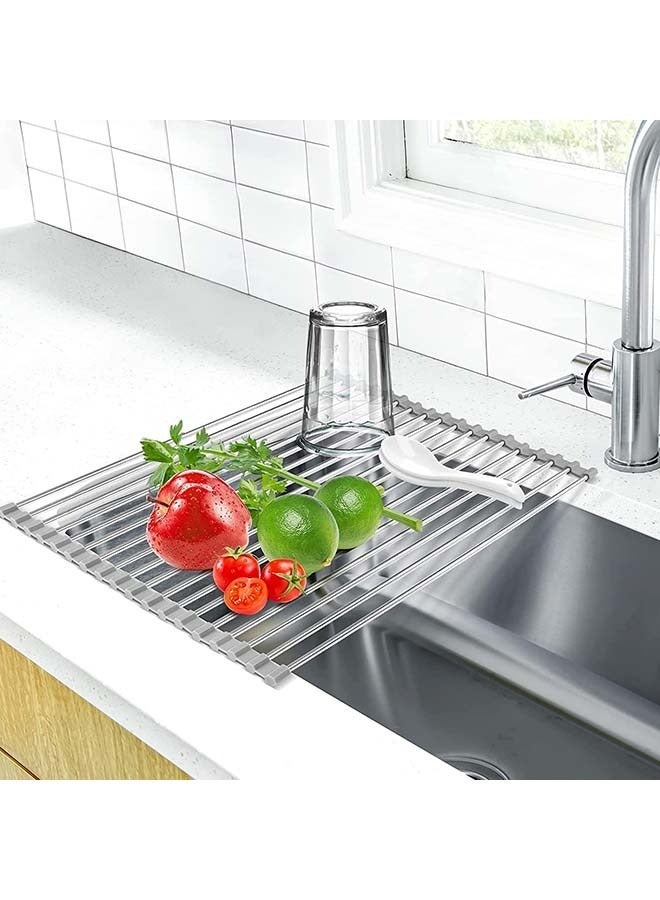 كابتن تيك Roll-Up Dish Drying Rack, Foldable Trivet, Dish Drainer & Over Sink Dish Rack Cover, BPA Free,Portable Silicone and Stainless Steel Rolling Rack for Kitchen Sink Counter (52*35cm) - Image 1