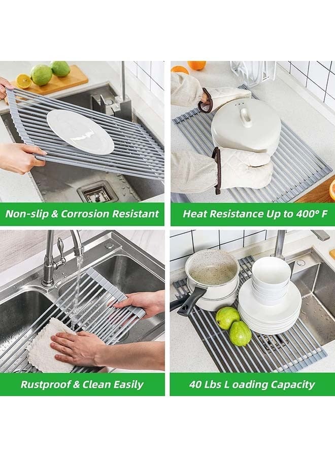 كابتن تيك Roll-Up Dish Drying Rack, Foldable Trivet, Dish Drainer & Over Sink Dish Rack Cover, BPA Free,Portable Silicone and Stainless Steel Rolling Rack for Kitchen Sink Counter (52*35cm) - Image 2