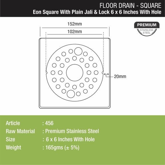 LIPKA Eon Square with Plain Jali Floor Drain |Premium Stainless Steel |6 x 6 Inches| with Lock & Hole| - Image 2