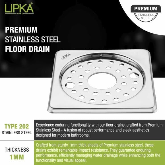LIPKA Eon Square with Plain Jali Floor Drain |Premium Stainless Steel |6 x 6 Inches| with Lock & Hole| - Image 3