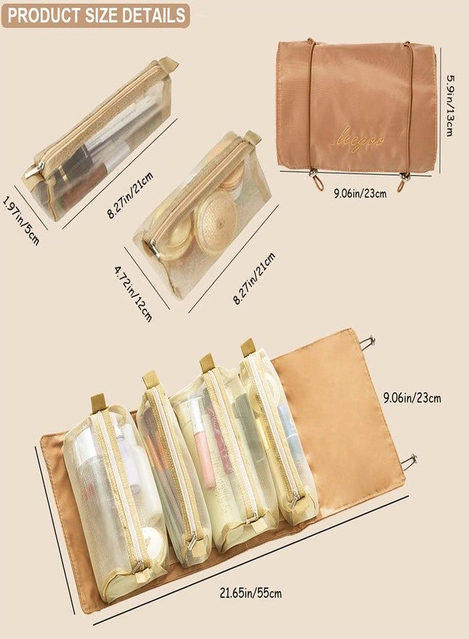 KAKKOII Roll Up Makeup Bag, Hanging Toiletry Bag, 4 in 1 Detachable Cosmetic Bag, 4 Removable Storage Bags, Travel Makeup Organizer Bags for Women Men(Khaki) - Image 2