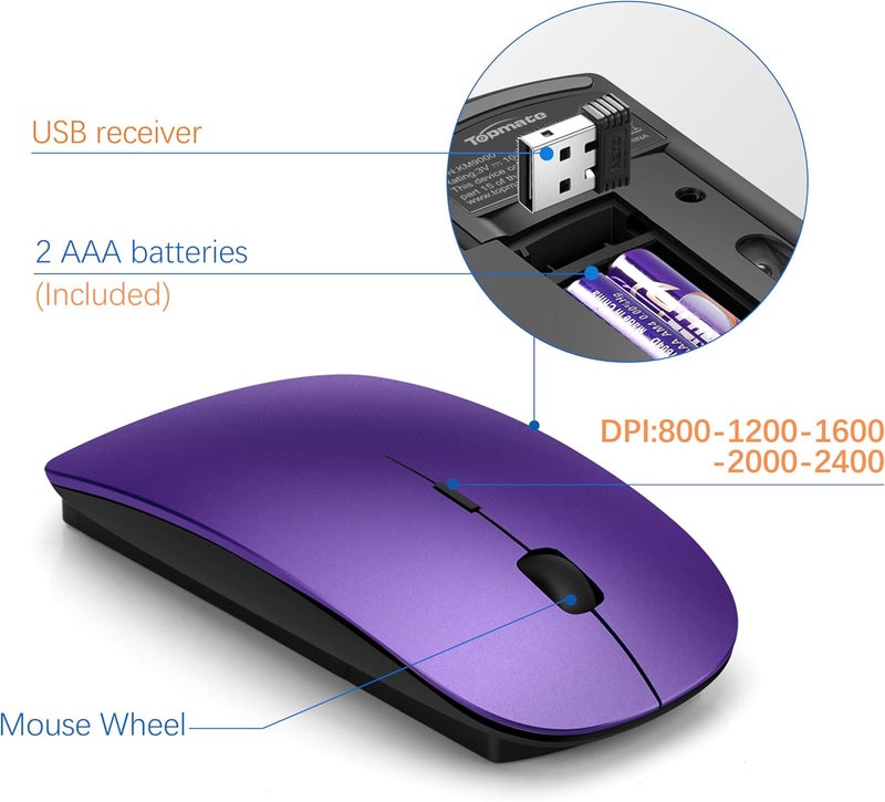 TopMate Wireless Keyboard and Mouse Ultra Slim Combo, 2.4G Silent Compact USB 2400DPI Mouse and Scissor Switch Keyboard Set with Cover, Batteries Included, for PC/Laptop/Windows/Mac - Purple Black - Image 4