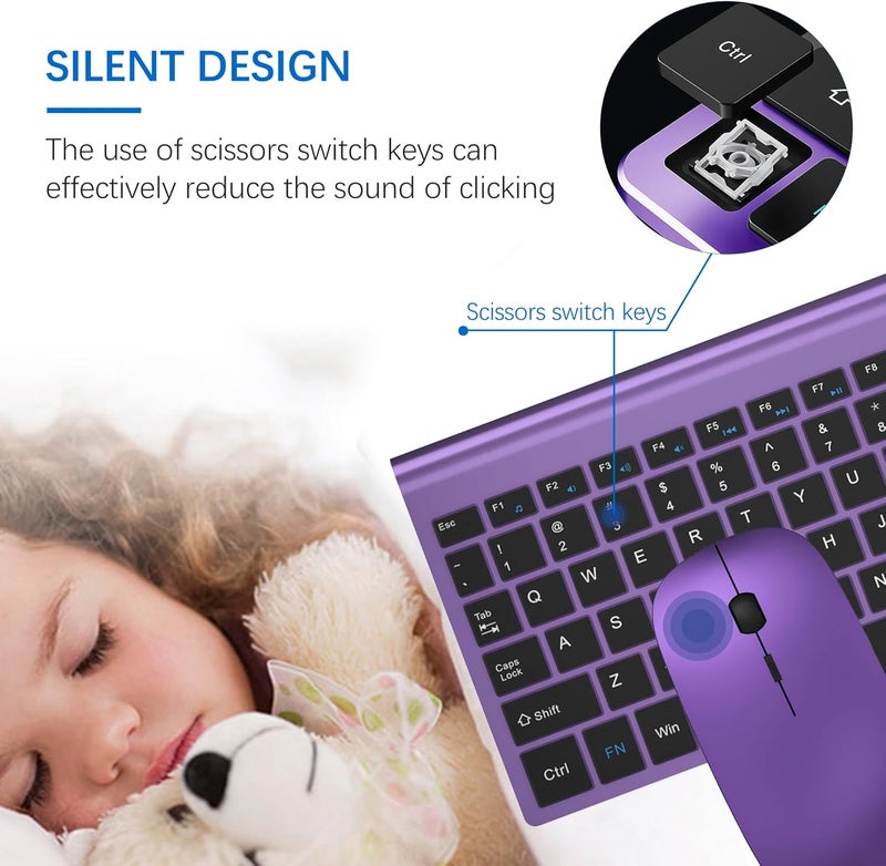TopMate Wireless Keyboard and Mouse Ultra Slim Combo, 2.4G Silent Compact USB 2400DPI Mouse and Scissor Switch Keyboard Set with Cover, Batteries Included, for PC/Laptop/Windows/Mac - Purple Black - Image 2