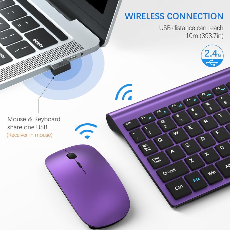 TopMate Wireless Keyboard and Mouse Ultra Slim Combo, 2.4G Silent Compact USB 2400DPI Mouse and Scissor Switch Keyboard Set with Cover, Batteries Included, for PC/Laptop/Windows/Mac - Purple Black - Image 3