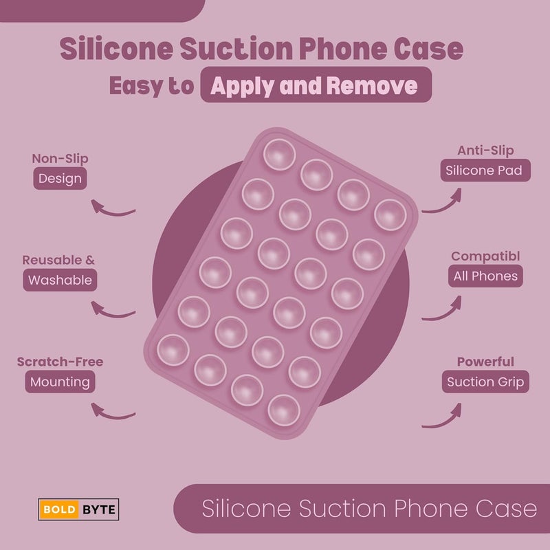 Bold Byte حامل هاتف بملصق | غلاف هاتف بملصق، وسادات لاصقة سيليكون مضادة للانزلاق، حامل متعدد الاستخدامات بدون استخدام اليدين لصور السيلفي، الفيديوهات، الاستحمام، لوحة القيادة في السيارة (وردي) - Image 4