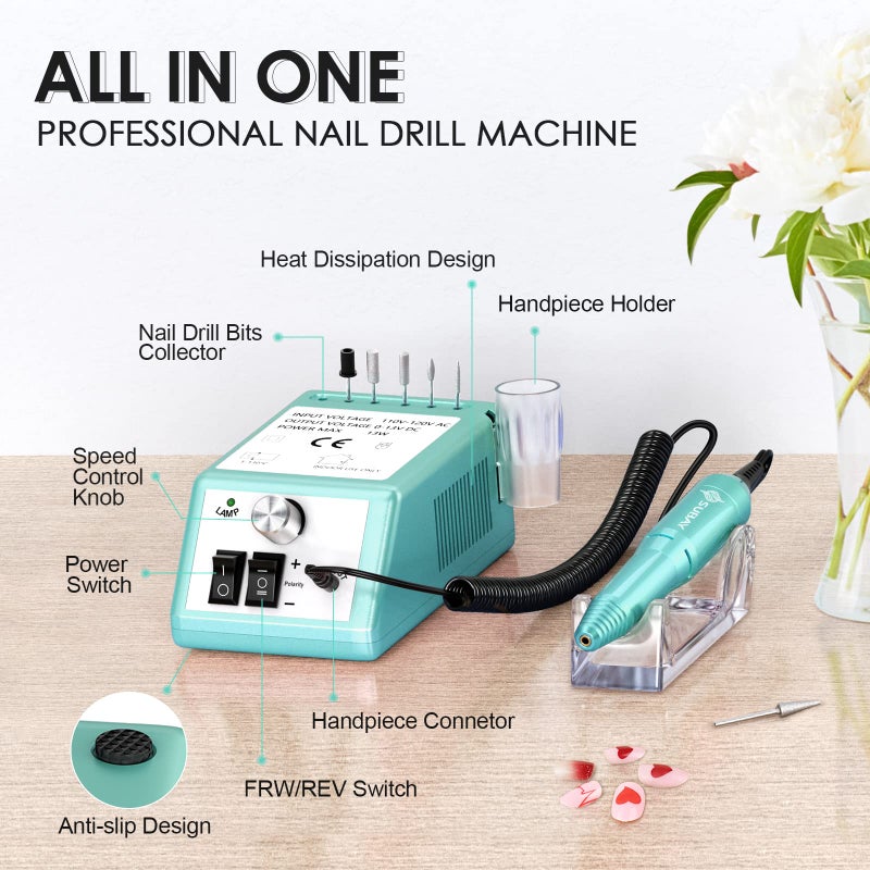 SUBAY Professional Finger Toe Nail Care Electric Nail Drill Machine Manicure Pedicure Kit Electric Nail Art File Drill with 1 Pack of Sanding Bands (Green) - Image 2