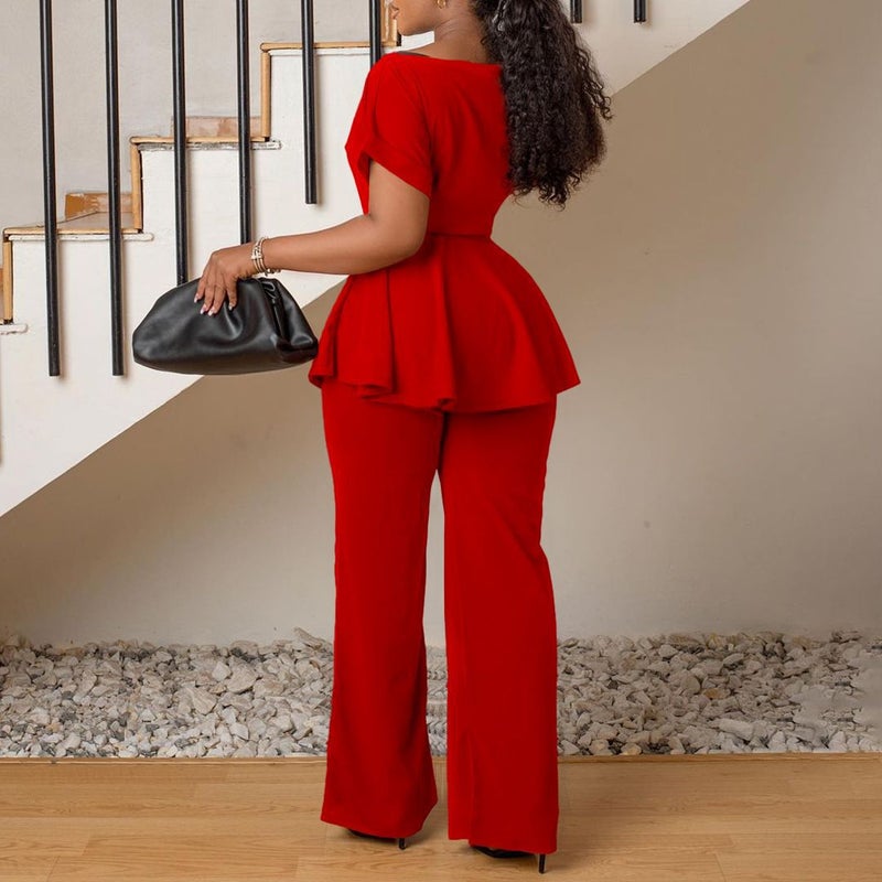 Red Elegant Tracksuit Set for Women - Short Sleeve Fitted Top & Wide-Leg Pants 2-Piece Set - Image 3