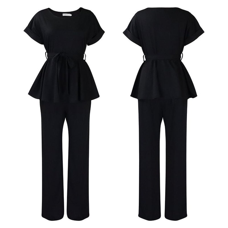 Red Elegant Tracksuit Set for Women - Short Sleeve Fitted Top & Wide-Leg Pants 2-Piece Set - Image 5