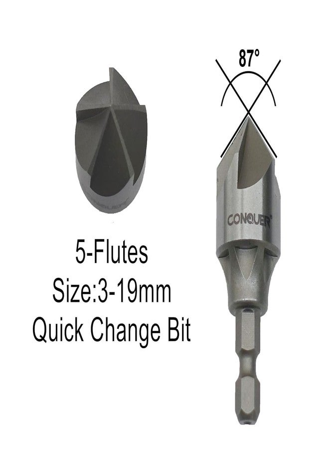 CONQUER Tools 5 Flute Metal Countersink Drill Bit, 87 Degree for 1/4'' Hex Shank Fit 1/8"-3/4"(3mm-19mm), Burr Removal, Deburring Beveling Chamfer Tool, Holes Shaping Trimming, Inner/Pipe Reamer - Image 3