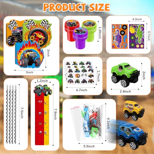 BenLouis 96Pcs Monster Truck Party Favors Truck Car Birthday Stampers Stickers School Stationery Set Bulk for Kids wheels party Race Car Themed Party Goodie Bag Stuffers Pinata Filler Supplies - Image 3