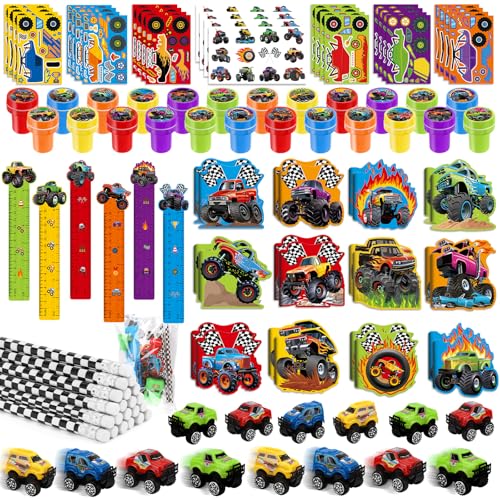 BenLouis 96Pcs Monster Truck Party Favors Truck Car Birthday Stampers Stickers School Stationery Set Bulk for Kids wheels party Race Car Themed Party Goodie Bag Stuffers Pinata Filler Supplies - Image 1