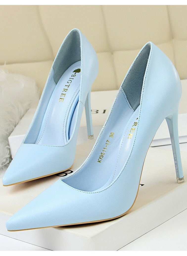BIGTREE Women's Solid Color Elegant Stiletto Pumps 10.5CM Fashion Gorgeous Closed Pointed Toe Slip On Solid High Heels Blue 
