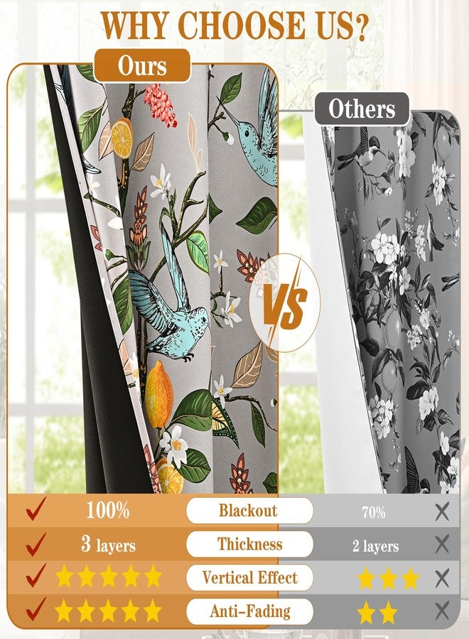 FRAMICS 100% Blackout Curtains for Bedroom Vintage Floral Curtains for Living Room 84 Inches Long, Luxury Patterned Grey Curtain Lemon Hummingbird Grommet Thermal Insulated Drapes, 2 Panels - Image 4
