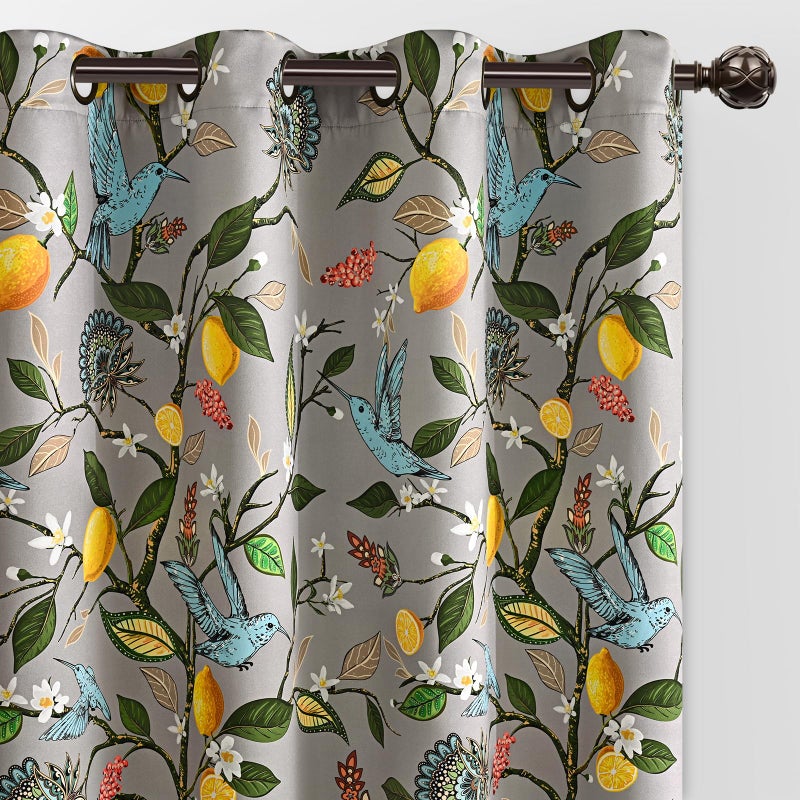 FRAMICS 100% Blackout Curtains for Bedroom Vintage Floral Curtains for Living Room 84 Inches Long, Luxury Patterned Grey Curtain Lemon Hummingbird Grommet Thermal Insulated Drapes, 2 Panels - Image 1