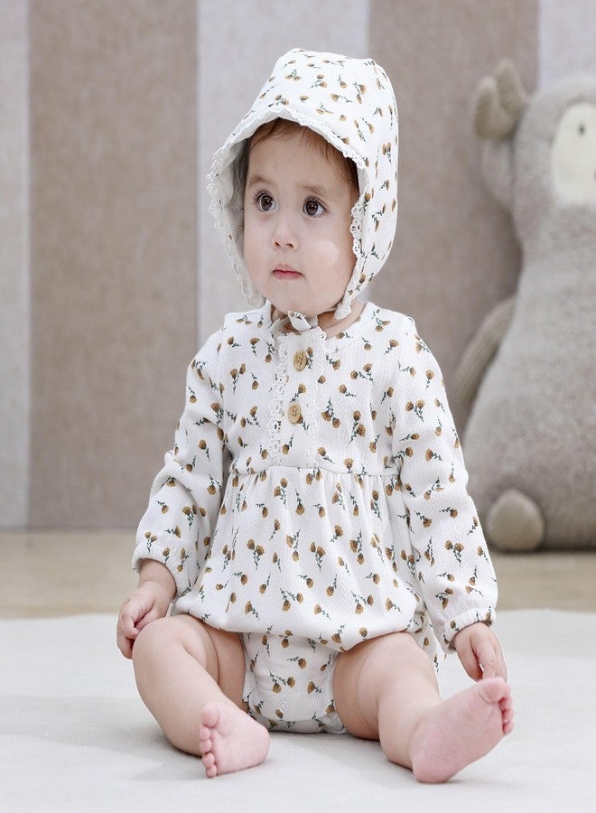 MAMIMAKA Baby Girl Bodysuit Cotton Newborn Clothes Hats Floral Long Sleeve Bodysuit 3 Pack, 6-9 Months - Image 4