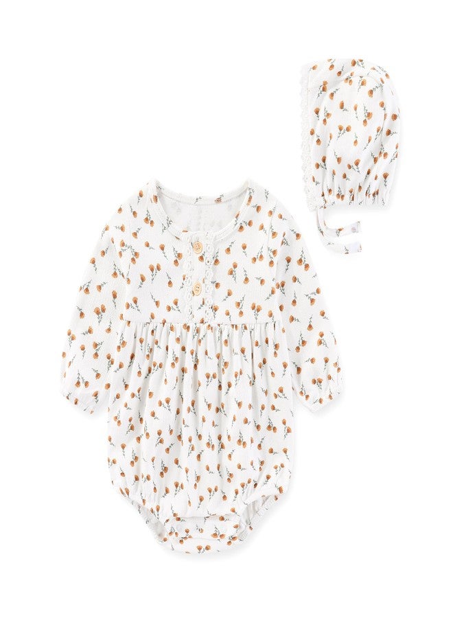 MAMIMAKA Baby Girl Bodysuit Cotton Newborn Clothes Hats Floral Long Sleeve Bodysuit 3 Pack, 6-9 Months - Image 2