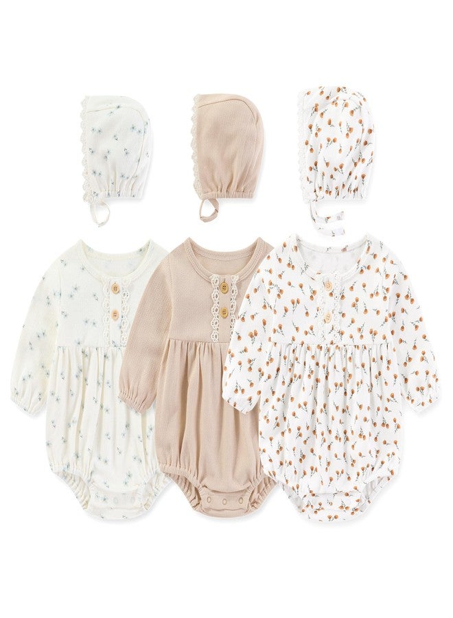 MAMIMAKA Baby Girl Bodysuit Cotton Newborn Clothes Hats Floral Long Sleeve Bodysuit 3 Pack, 6-9 Months - Image 1