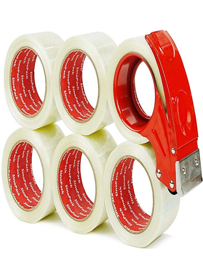 SinoPack Strapping Tape with Dispenser, 6 Pack 2 Inch x 30 Yards 5.5 Mil, Heavy Duty Reinforced Fiberglass Tape for Moving,Shipping,Storage - Image 1