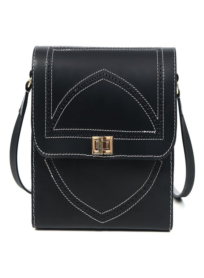 Celtic Black Structured Leather Crossbody Bag with Contrast Stitching & Secure Turn-Lock - Image 1
