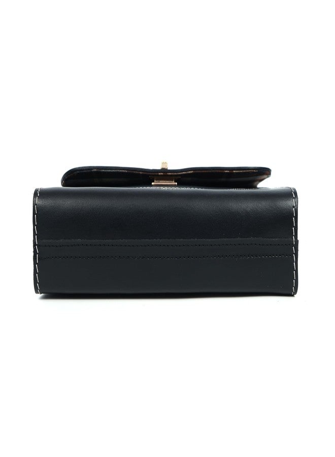 Celtic Black Structured Leather Crossbody Bag with Contrast Stitching & Secure Turn-Lock - Image 4