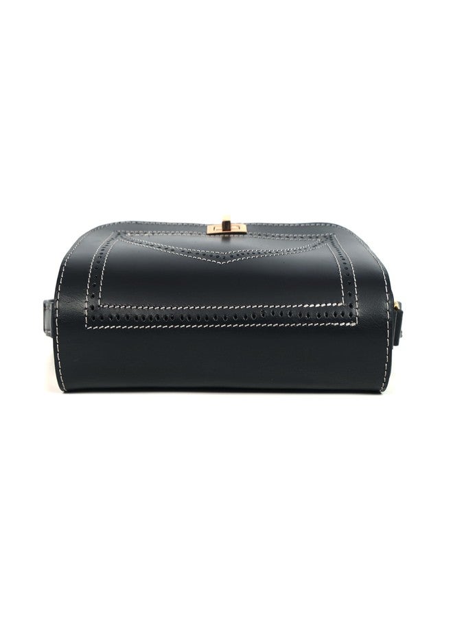 Celtic Black Structured Leather Crossbody Bag with Contrast Stitching & Secure Turn-Lock - Image 5