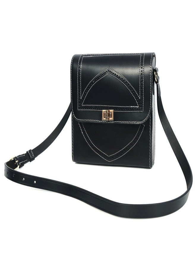 Celtic Black Structured Leather Crossbody Bag with Contrast Stitching & Secure Turn-Lock - Image 2
