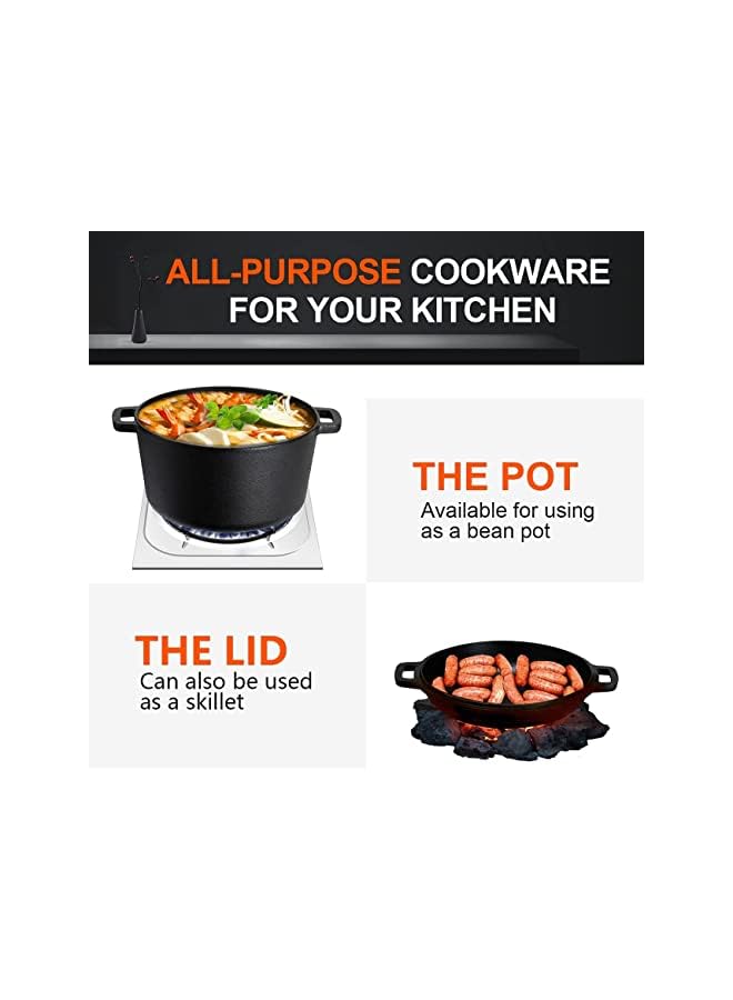 Premify Cast Iron Dutch Oven with Lid - 2 in 1 Camping Set, Pre-Seasoned 5 Quart Deep Pot and 1.6 QT Pan - Skillets + Frying Pan Lid Multi Cooker Skillet Set for Home Cooking BBQ Baking - Image 3