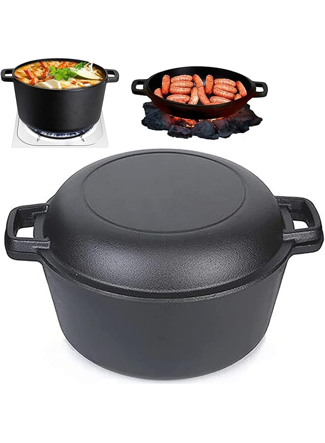 Premify Cast Iron Dutch Oven with Lid - 2 in 1 Camping Set, Pre-Seasoned 5 Quart Deep Pot and 1.6 QT Pan - Skillets + Frying Pan Lid Multi Cooker Skillet Set for Home Cooking BBQ Baking - Image 1