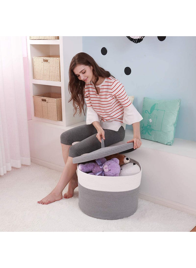 Gleckn Gleckn Extra Large Storage Basket With Lid Cotton Rope Storage Baskets Laundry Hamper Toy Bin For Toys Blankets Pillows Storage In Living Room 20X20X15 Design2  - Image 3