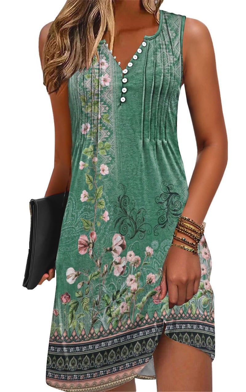 Disamer Beach Dresses for Women 2025 Vacation Swim Cover up V-Neck Summer Dress Button Down Sleeveless Boho Floral Sundress,Flower Wallpaper Green,Large - Image 1