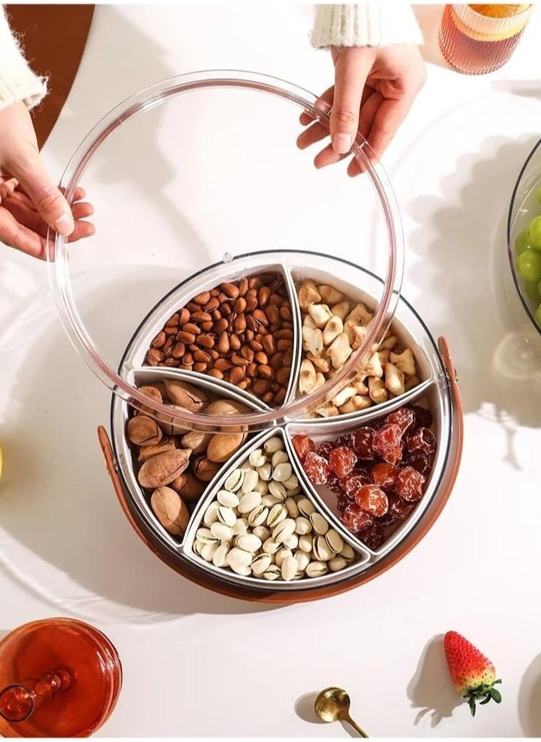 Clear Divided Serving Tray with Lid & Handle, Snack Box Charcuterie Container, Portable Serving Platters with 5 Compartments Snack Tray Snack Organizer for Candy, Fruits, Nuts